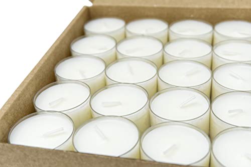 Paquete de 50 velas de luces de té sin parafina, sin perfume, cera 100% vegetal, cera de colza, en una taza transparente reciclable, en una caja