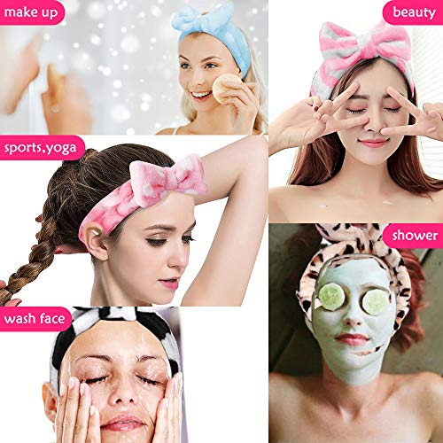 Paquete de 6 diademas de lazo de maquillaje para mujer, banda de pelo para maquillaje de franela facial para lavado de cara, suave elástico belleza spa bowknot mullido diadema para niñas