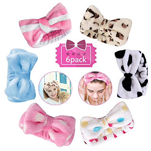 Paquete de 6 diademas de lazo de maquillaje para mujer, banda de pelo para maquillaje de franela facial para lavado de cara, suave elástico belleza spa bowknot mullido diadema para niñas