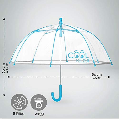 Paraguas Transparente Niño Niña Turquesa - Paraguas Infantil de Burbuja y Ribete Reflectante - Resistente Antiviento con Apertura de Seguridad - 3/6 Años - Diámetro 64 cm - Perletti Cool Kids - Azul