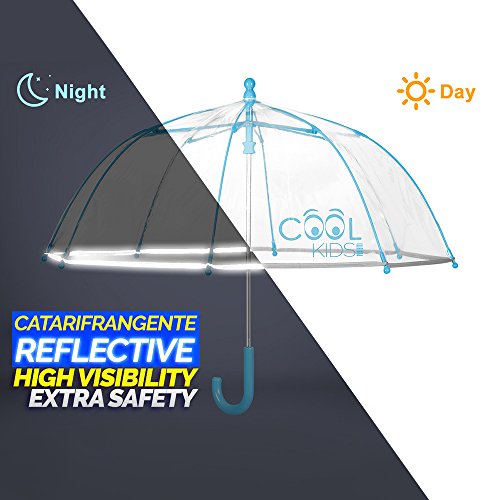 Paraguas Transparente Niño Niña Turquesa - Paraguas Infantil de Burbuja y Ribete Reflectante - Resistente Antiviento con Apertura de Seguridad - 3/6 Años - Diámetro 64 cm - Perletti Cool Kids - Azul