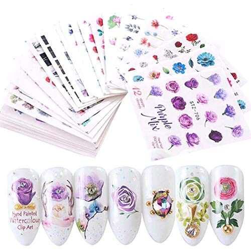 Pegatinas Uñas,Kapmore 48 Hojas Pegatinas Uñas Decorativas Nail Art Stickers Elegante Estampado de Fores Decoracion