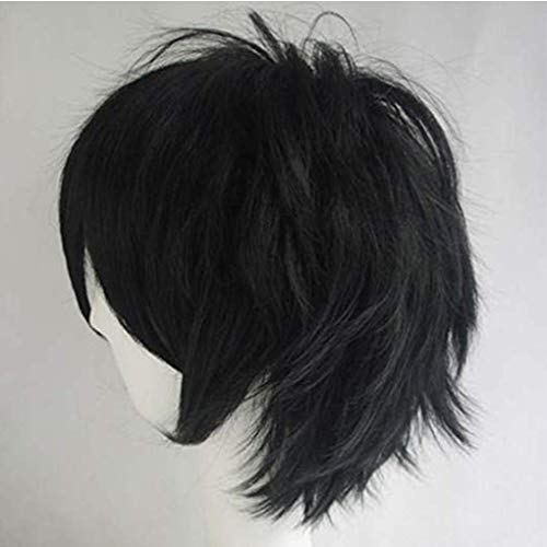 Peluca de cosplay de anime Pelucas cortas unisex de cabeza completa con flequillo Cabello liso y esponjoso con cola de cabello para subir el volumen para la fiesta de disfraces Disfraces (negro)