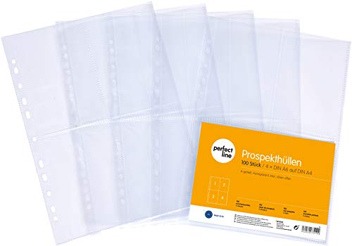 perfect line 100 fundas para guardar transparentes A4, divididas en 4 partes A6, lámina transparente con inserción por el alto