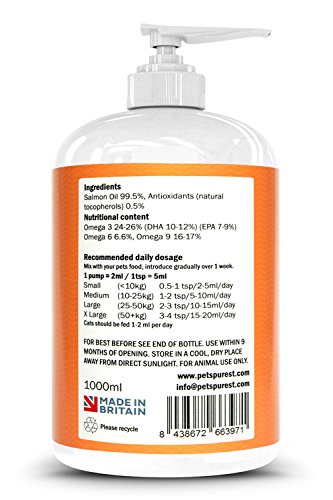 Pets Purest Aceite de salmón escocés puro Premium 100% Natural. Suplemento Omega 3, 6 y 9 para perros, gatos, caballos, hurones y mascotas. Promueve la salud del piel, las articulaciones y el cerebro