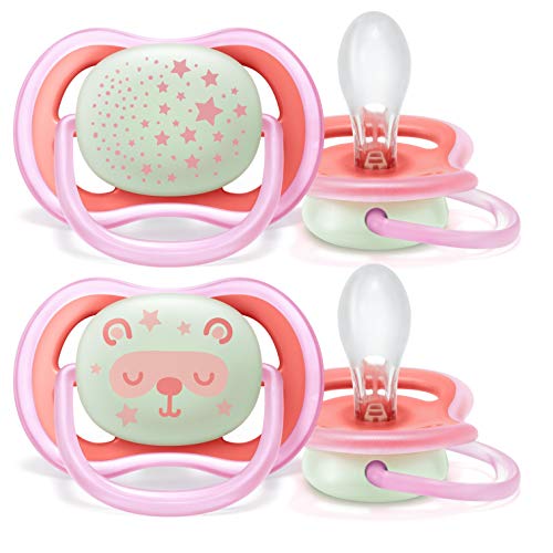 Philips Avent SCF376/22 - Pack de 2 chupetes Ultra Air Nocturno que brilla en la oscuridad, tetina suave para 6-18 m, apta para la piel sensible, con estuche de esterilización, color rosa y verde