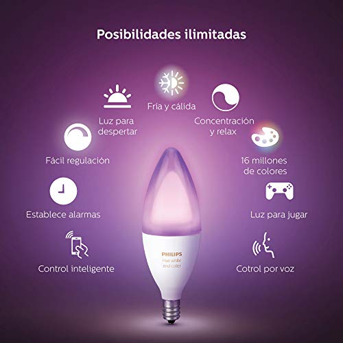 Philips Hue Bombilla Inteligente LED E14, 6.5 W, Luz Blanca y de Colores, Compatible con Alexa y Google Home