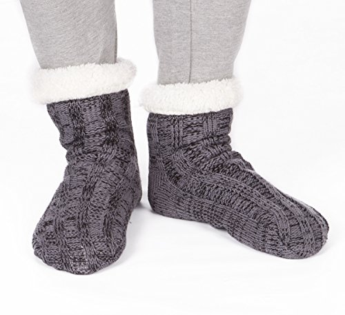 Pierre Roche Hombre Punto Grueso Completamente Forro Polar Pantuflas/Calcetines con pinza de Suelas - Gris, One Size