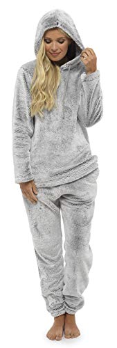 Pijama Mujer Invierno Suave Cómodo con Plumas Prosecco Estrellas Vario Estilos Pijamas Invernal Regalo para Ella (Capucha Dos Tonos Gris, M)