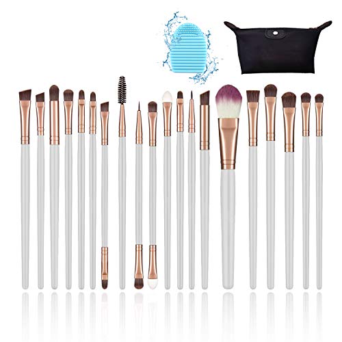 pinceles maquillaje, set de brochas de maquillaje, para base polvos, rubor, corrector, sombra de ojos, con bolso negro y limpiador de cepillo (20 piezas-blanco)