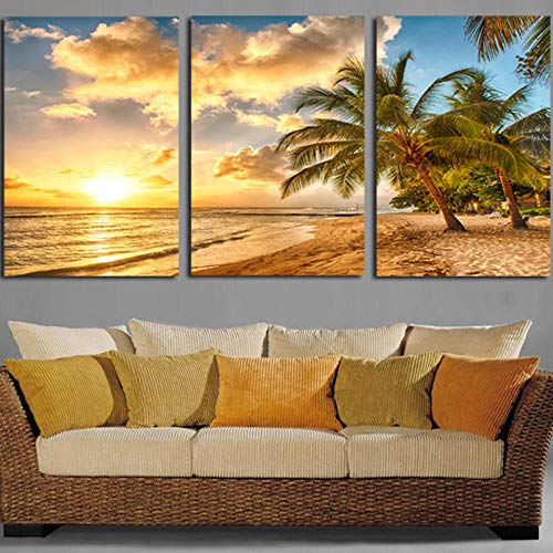 Pintura de Lienzo Sala de Estar Decoración Sunset Beach Wave Coconut Trees Paisaje Marino Cartel Arte de la Pared HD Impresiones Imágenes Marco 40x60cmX3 Sin Marco