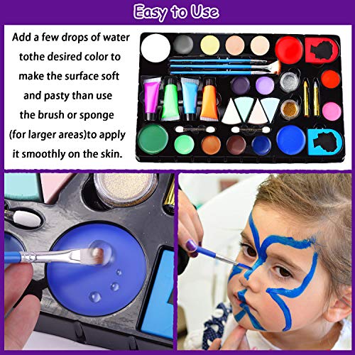 Pinturas Cara para Niños, 14 Colores, Profesional, Seguro, No Tóxico, Lavable, Pintura Facial Corporal con 30 Plantillas, 36 Tatuajes, 2 Brillos para Niños, Halloween Maquillaje Pinturas para Niños