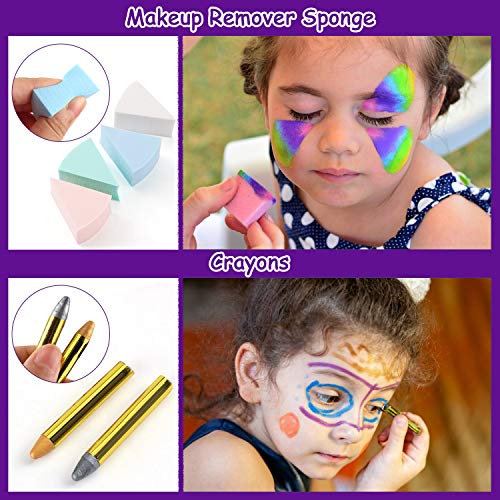 Pinturas Cara para Niños, 14 Colores, Profesional, Seguro, No Tóxico, Lavable, Pintura Facial Corporal con 30 Plantillas, 36 Tatuajes, 2 Brillos para Niños, Halloween Maquillaje Pinturas para Niños