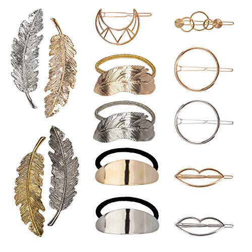 Pinza de Pelo de Metal Geométrico Círculo de Plumas Luna Estrella Accesorios de Pelo Hoja Lazos Elásticos Para Niñas Mujer 14Pcs