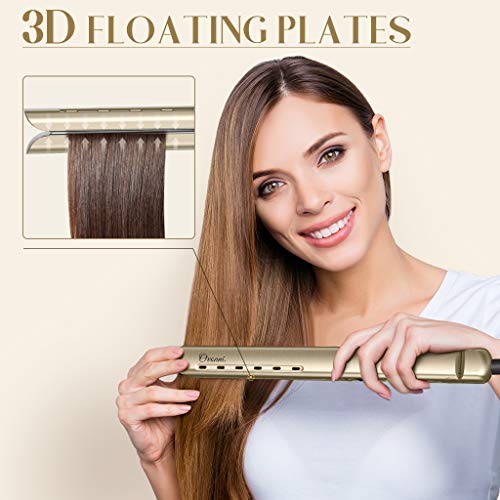 Planchas del Pelo Profesional Ovonni Plancha Pelo Titanio, Placa Flotante de 2,5 cm, Calentador MCH Rápido 18s, Temperatura Ajustable 150°C-230°C, para Alisar, Crear Ondas o Rizos, Doble Voltaje (Oro)