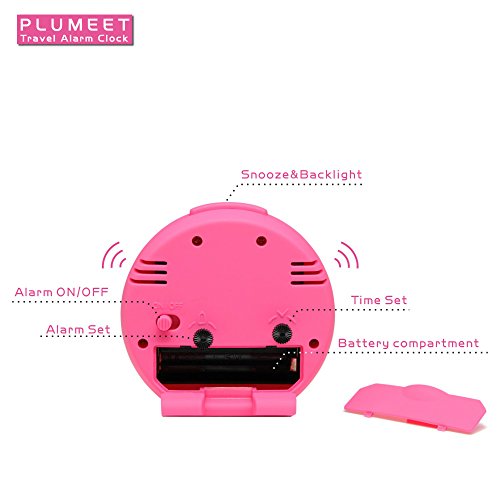 Plumeet Pequeño Reloj, Ticking Reloj Despertador de Viaje con Snooze y Nightlight, Alarma de Sonido Ascendente, con Pilas (Rosa)