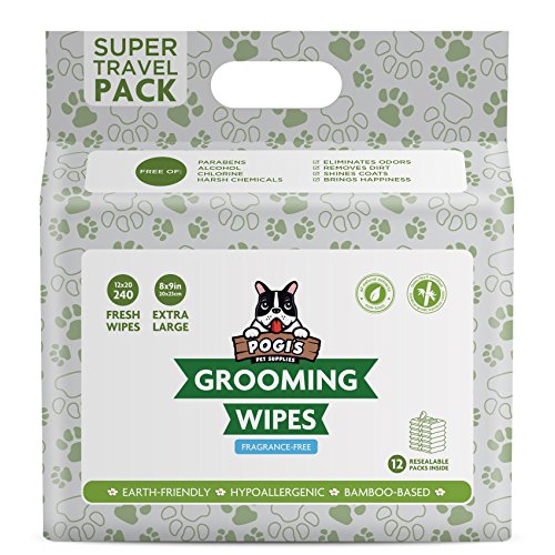 Pogi's Grooming Wipes Paquete de Viaje - 240 toallitas desodorantes para Perros - No perfumadas, Naturales, Extra Grandes, Biodegradable