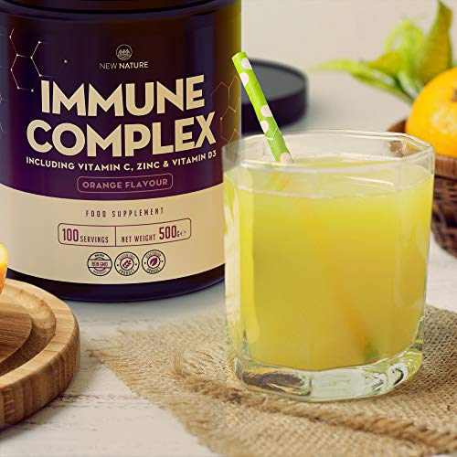 Polvo de Complejo Inmunológico - Potente Mezcla con 1000mg de Vitamina C, 3000IU de Vitamina D y 25mg de Zinc - Sabor Naranja - 100 porciones, 500 gramos.