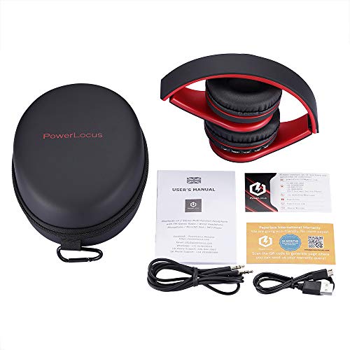 PowerLocus P1 – Auriculares Bluetooth inalambricos de Diadema Cascos Plegables, Casco Bluetooth con Sonido Estéreo con Conexión a Bluetooth Inalámbrico y Cable para Movil, PC, Tablet - Negro/Rojo