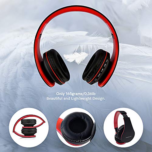 PowerLocus P1 – Auriculares Bluetooth inalambricos de Diadema Cascos Plegables, Casco Bluetooth con Sonido Estéreo con Conexión a Bluetooth Inalámbrico y Cable para Movil, PC, Tablet - Negro/Rojo