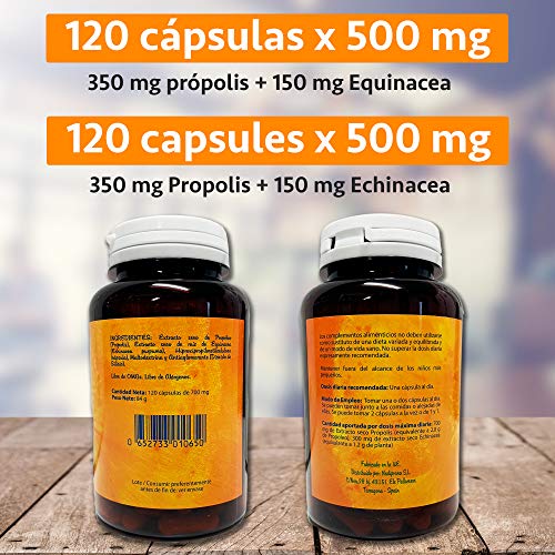 Propolis capsulas + Echinacea I 120 cápsulas x 500 mg = 350 mg Propoleo + 150 mg Equinacea I Suplemento nutricional que ayuda a activar el sistema inmune y las defensas.