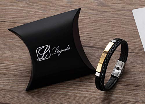 Pulsera hombre mujer Legado, en cuero pu acero inoxidable, brazalete vikingo chico negra combinable con anillo pendiente collar colgante o tobillera muñequera personalizable (GOLD 21,5)