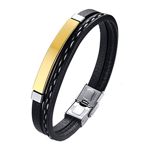 Pulsera hombre mujer Legado, en cuero pu acero inoxidable, brazalete vikingo chico negra combinable con anillo pendiente collar colgante o tobillera muñequera personalizable (GOLD 21,5)