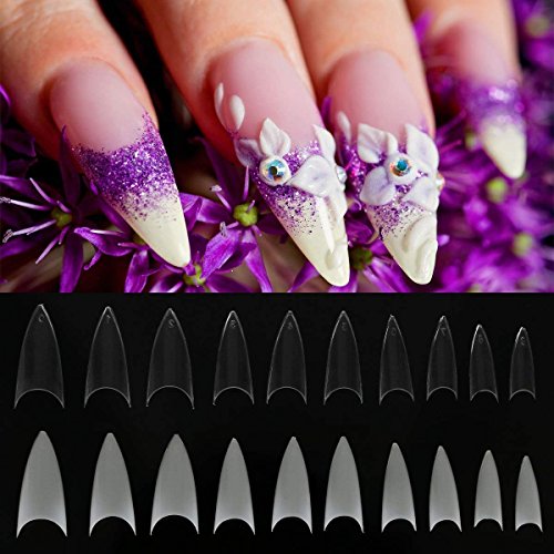 Puntas de uñas postizas de Stiletto transparentes y naturales, media cubierta, acrílicas, 10 tamaños para salones de uñas y arte de uñas, 500 unidades transparentes y 500 uñas naturales largas