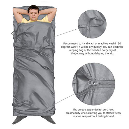 Qomolo Saco De Dormir Ultraligero,Sábanas para Sacos de Dormir,Forro para Saco De Dormir Portátil Liviana Compacta a Prueba de Suciedad para Viajes,Acampar, Senderismo y Hostales y Cabañas, 180g(Gris)