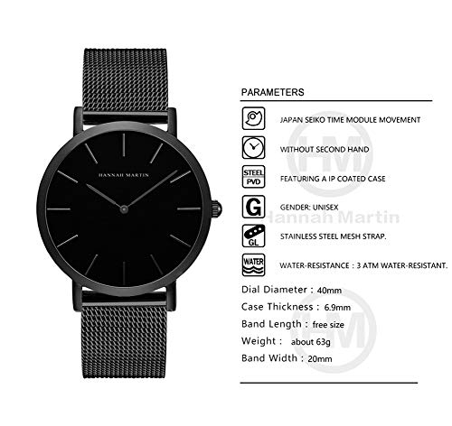 QZPM El Reloj De Manera Impermeable Reloj Unisex Relojes Negro Delgado De Acero Inoxidable para Los Hombres De Negocios Vestido Simples Analógicos De Cuarzo Relojes De Pulsera,Negro