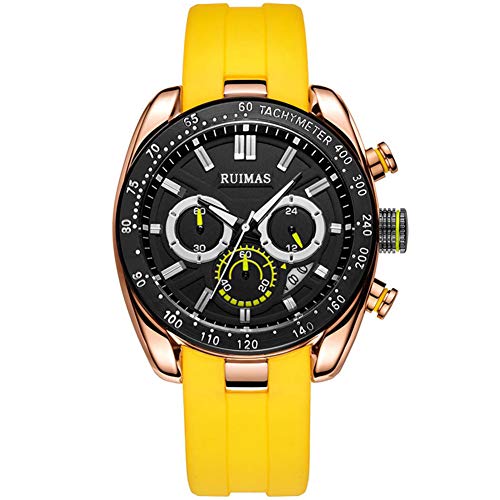 QZPM Relojes Impermeables Deportivas para Hombres, Correa De Silicona Multifunción Cronógrafo De Cuarzo del Reloj Análogo Scratchproof Regalo Elegante para Los Hombres,Amarillo