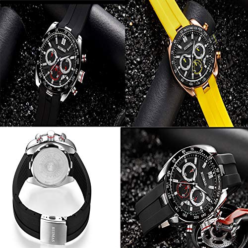 QZPM Relojes Impermeables Deportivas para Hombres, Correa De Silicona Multifunción Cronógrafo De Cuarzo del Reloj Análogo Scratchproof Regalo Elegante para Los Hombres,Amarillo