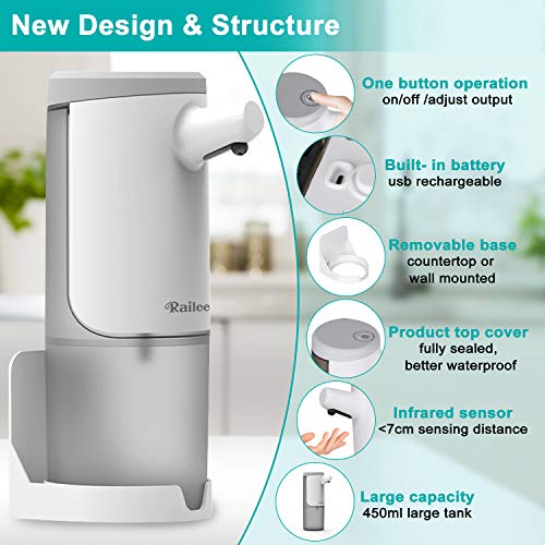 Railee Dispensador Jabón Automático, Dispensador de Jabón Eléctrico con Sensor de Infrarrojos Dispensador Jabon Impermeable IPX4 Recargable Dosificador Jabon Espuma con USB para Cocina/Baño, 450ml