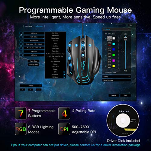 Raton USB, TedGem Raton Gaming con Cable Raton USB Cable Ratones Gaming PC HASTA 7500 DPI, 7 Botones Programables, Ratones Ergonómicos para Juegos para Windows XP, Vista, WIN7, WIN8, Win10, MAC