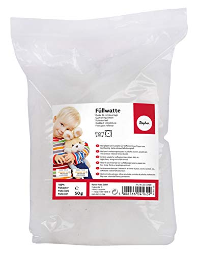 Rayher 3315000 Relleno de cojín, blanco y esponjoso, 50 g, 100% poliéster, fibra de copos lavable a 95 grados, para cojines y peluches