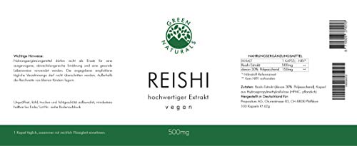 Reishi (100 cápsulas de 500mg) - Extracto 20:1 = 10.000 mg - 30% de polisacáridos - Producción alemana - 100% Vegano y sin aditivos