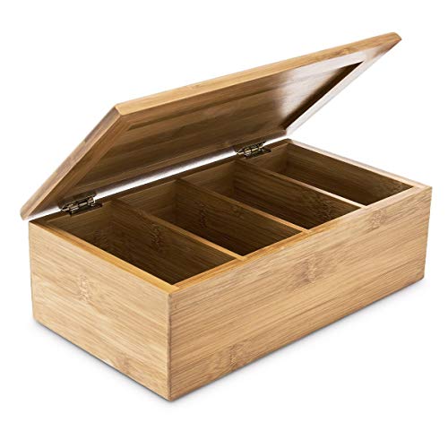 Relaxdays 10018875 - Caja para bolsitas de té (Madera de bambú Natural, con Tapa, 4 Compartimentos)