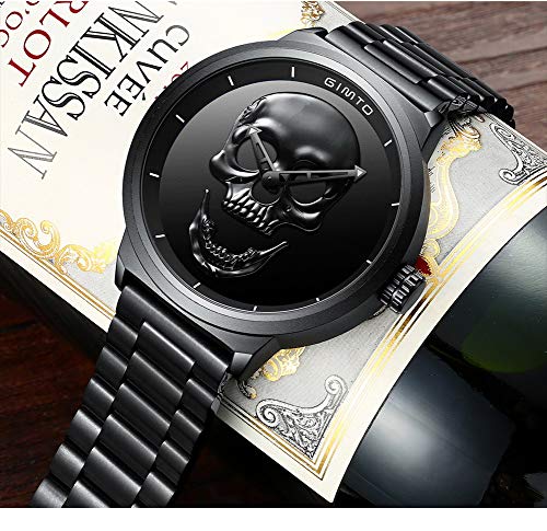 Reloj de pulsera para hombre, de acero inoxidable, negro, con diseño de calavera en 3D y de calidad