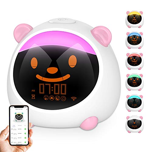 Reloj Despertador Digital, Despertador Infantil niña para Alarmas Dobles, Relojes Infantiles Luz de Noche con 4 Modos, 7 Luces de Colores Ajustables, 10 Sonidos, Función Snooze，APP/Sonida Control