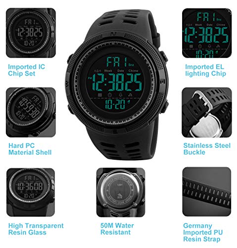 Reloj digital, para hombre, para actividades al aire libre, deportivo, militar, sumergible, cronógrafo, cuenta atrás, luces LED, con alarma, de goma negra