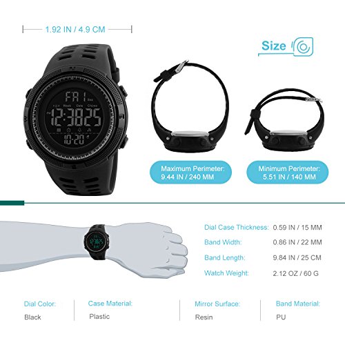 Reloj digital, para hombre, para actividades al aire libre, deportivo, militar, sumergible, cronógrafo, cuenta atrás, luces LED, con alarma, de goma negra