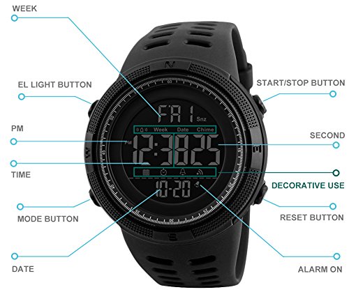 Reloj digital, para hombre, para actividades al aire libre, deportivo, militar, sumergible, cronógrafo, cuenta atrás, luces LED, con alarma, de goma negra