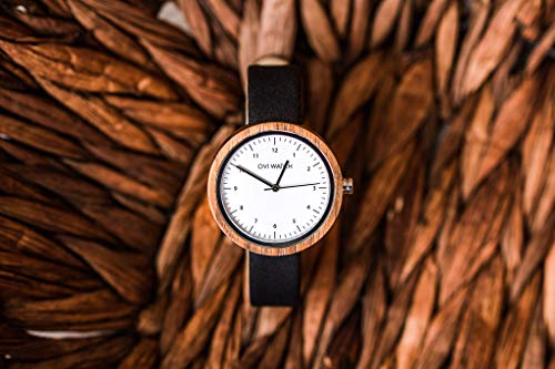 Reloj Madera Mujera - Correa de Cuero Vegano Negro - Ovi Watch