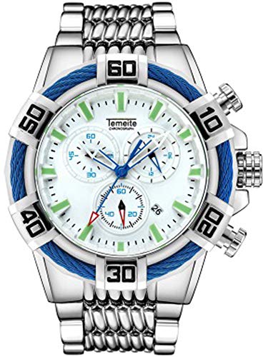 Relojes, Reloj cronógrafo de Cuarzo para Hombre Calendario Cronógrafo Banda de Acero Reloj Deportivo de Cuarzo Reloj Impermeable Reloj de Negocios-silverwhite