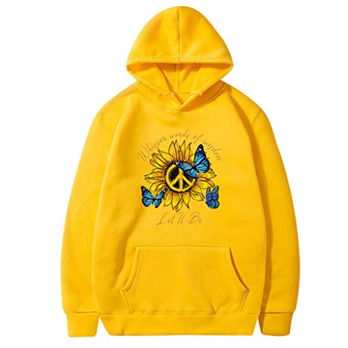 ReooLy Parte Superior Caliente, Sudadera con Capucha Holgada para Mujer, Cuello Redondo, Estampado de Girasol, Manga Larga(A3-Amarillo，S)