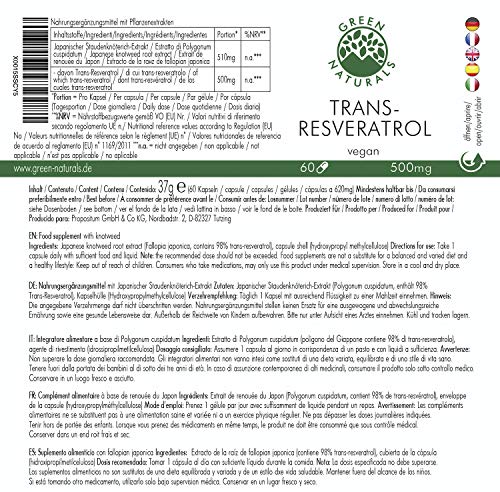 Resveratrol (60 cápsulas de 500mg) - 98% Extracto de raíz de Fallopia Japonica - Producción alemana - 100% Vegano y sin aditivos