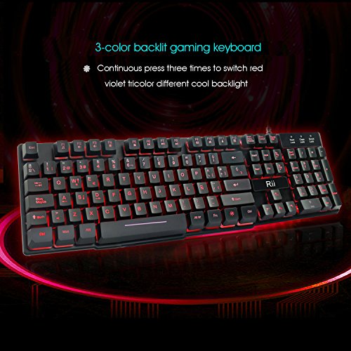 Rii RK100 Teclado Gaming,Teclado de Membrana con sensibilidad mecánica,USB LED Retroiluminado Ideal para Jugar, Trabajos de Oficina