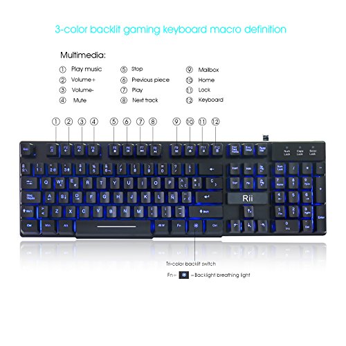 Rii RK100 Teclado Gaming,Teclado de Membrana con sensibilidad mecánica,USB LED Retroiluminado Ideal para Jugar, Trabajos de Oficina