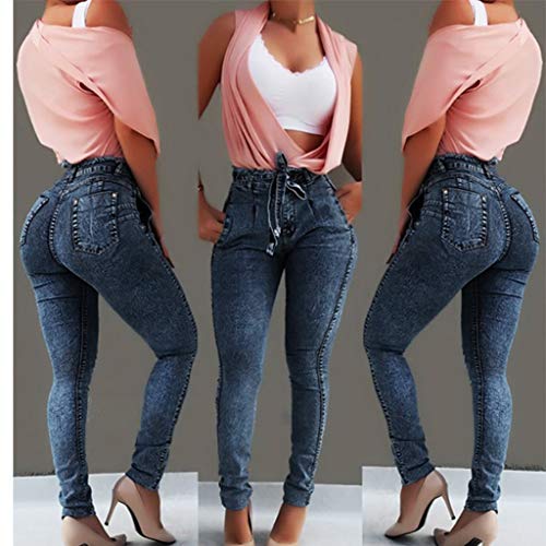 RISTHY Jeans Skinny Push-Up Mujer Vaqueros Pantalones Elásticos Jeans Denim Largo Mujer Cintura Alta con Cordón Lazo Vaquero Tejano para Mujer Elástico Relaxed-Fit