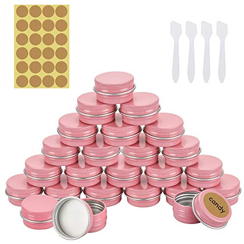 RMENOOR 24 PCS Latas de Aluminio con Fuerza de Sellado Tarros de Aluminio con 1 Pegatina 4 Cucharas Recipiente de Cosmética Tarros Vacíos para Dulces Cosmetica Maquillaje Almacenamiento (Rosa)